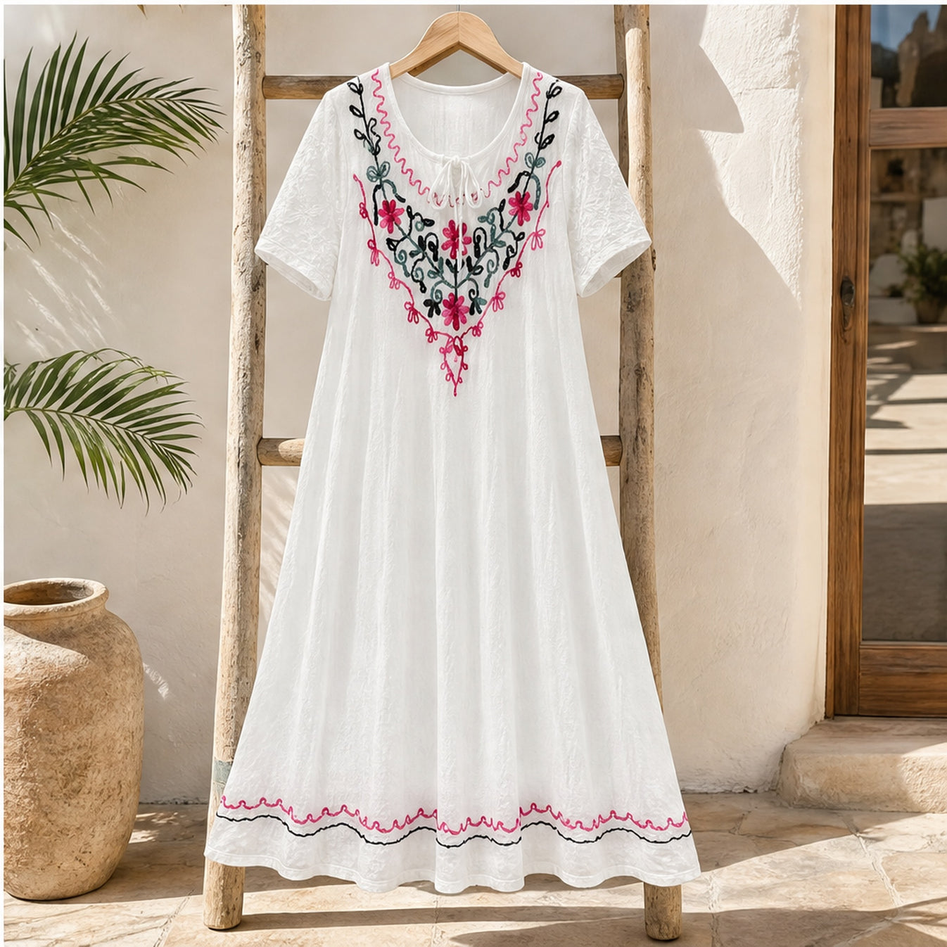 HS Jurk Handmade in India Roze groen borduur - sfeerbeeld