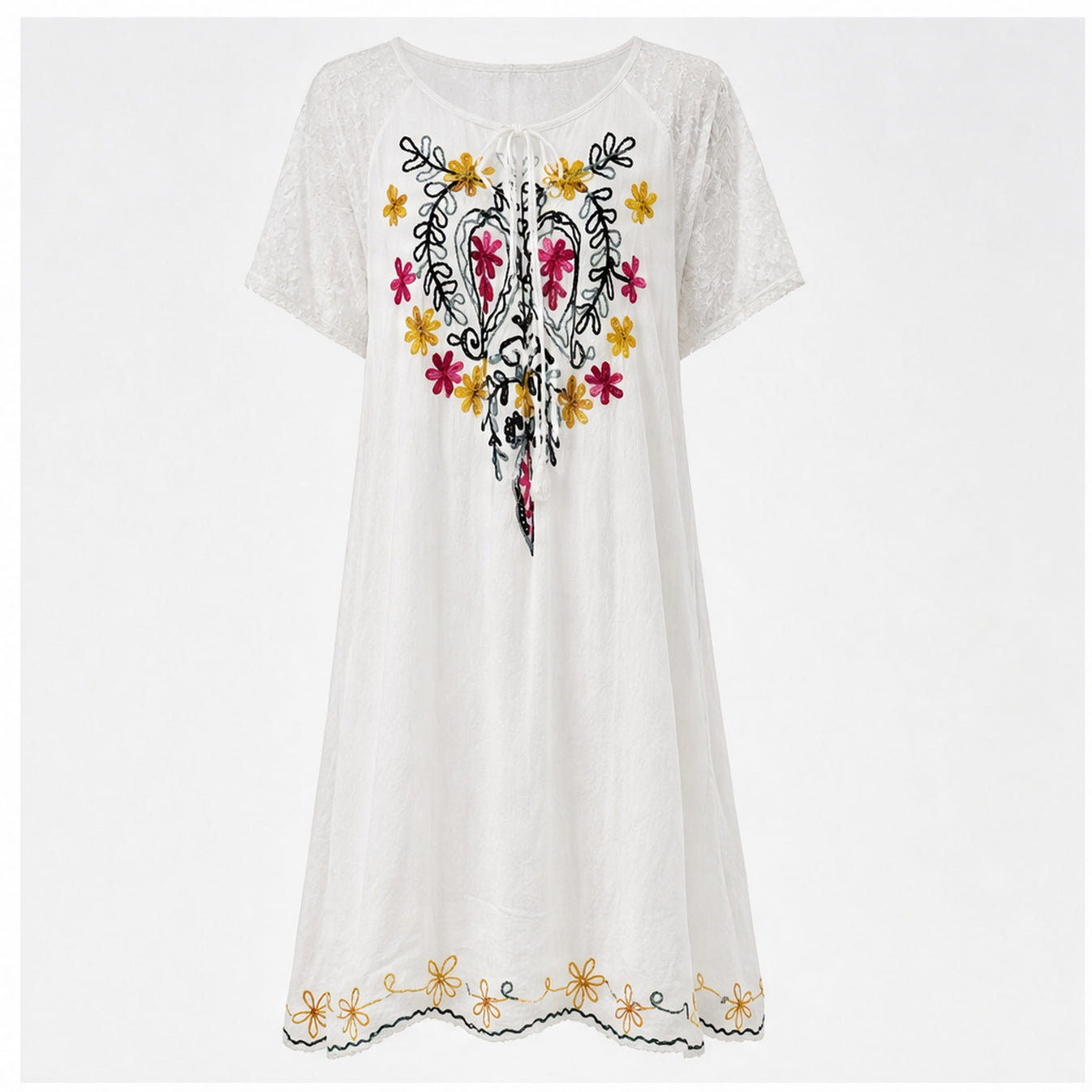 HS Jurk Handmade in India Zwart geel roze borduur - vooraanzicht