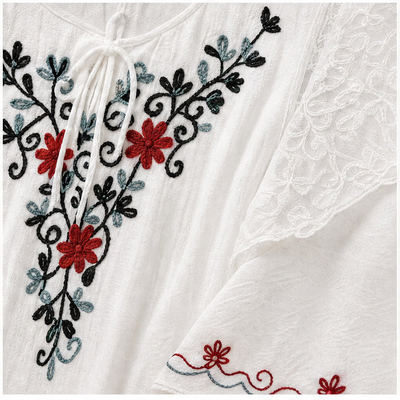 HS Jurk Handmade in India Zwart rood groen borduur - detail van handwerk en borduursel