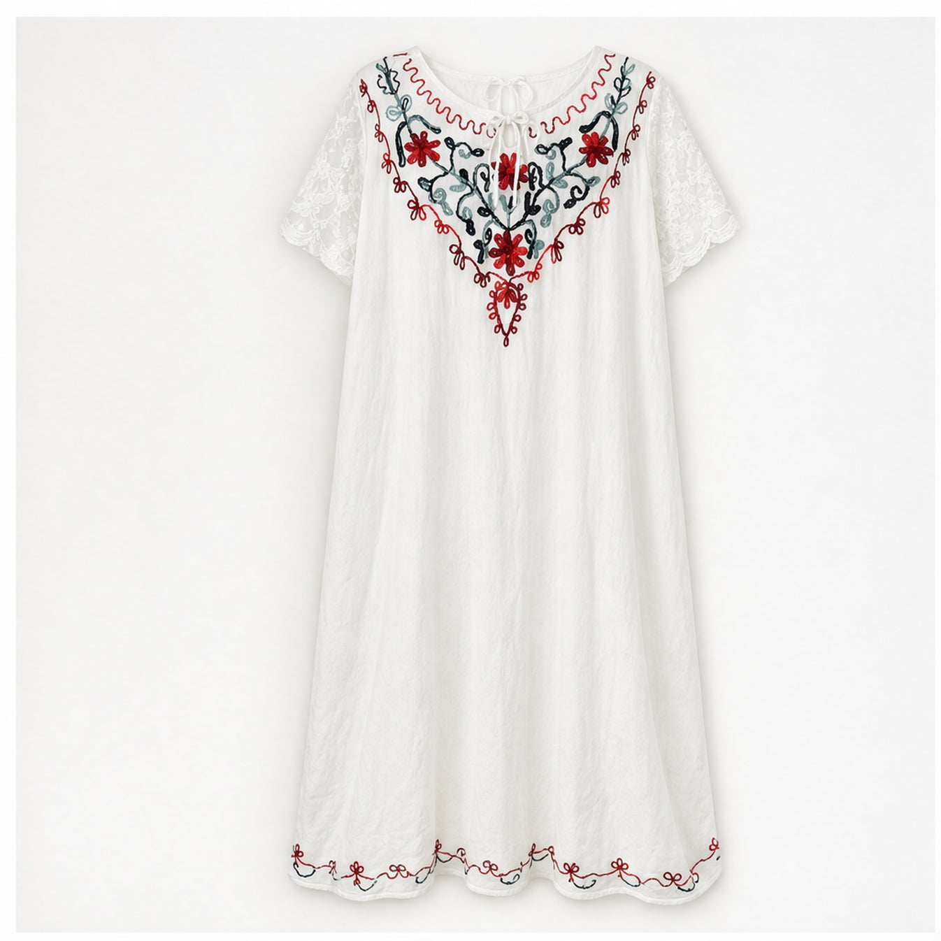 HS Jurk Handmade in India Zwart roze groen borduur - vooraanzicht
