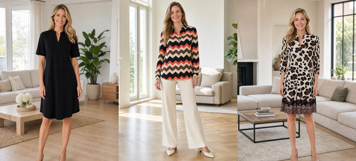 Angelle Milan travelstof: zwarte effen jurk, chevron blouse en animalprint jurk