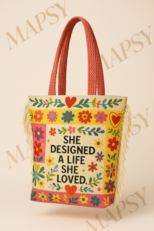 Mapsy She Designed Tote Bag - Kleurrijke Canvas Shopper met Bloemen en Hart Design - Mapsy B.V